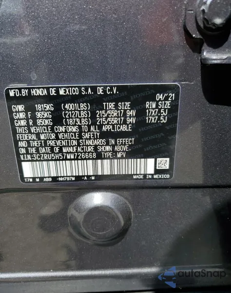 2021 Honda Hr-V Ex из США, поврежденный, VIN 3CZRU5H57MM726668